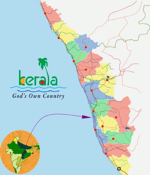 Carte du Kerala situant le centre au nord de l'État
