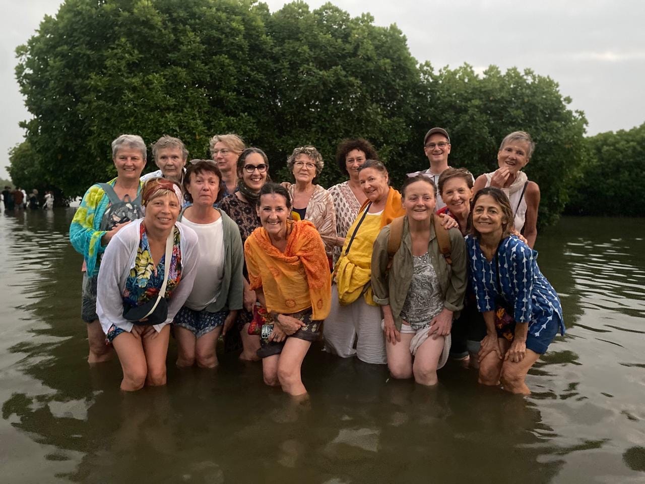 Un groupe de curistes dans l'eau, devant la mangrove